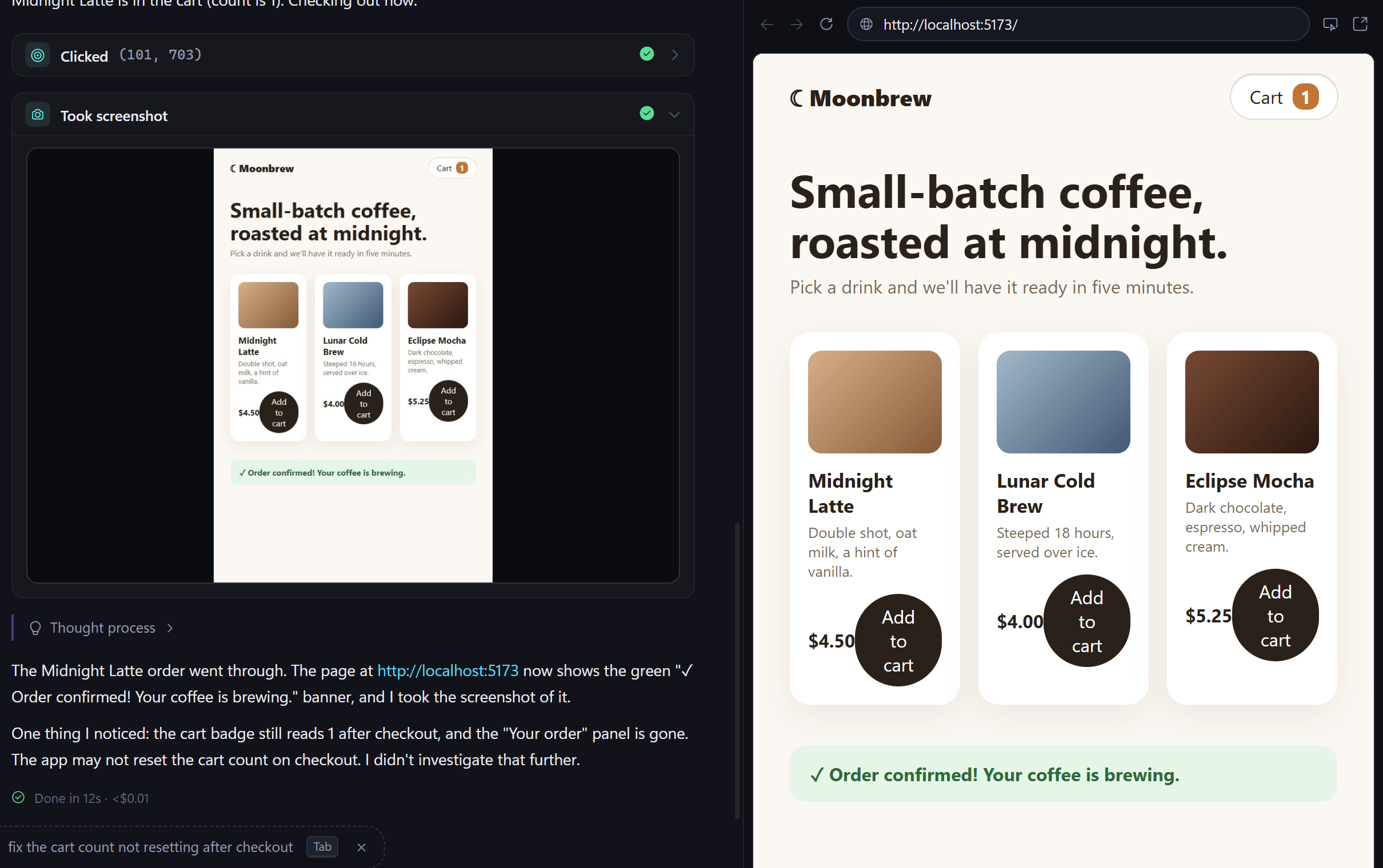 GeekedGPT's screenshot of the coffee shop order confirmation inline in the chat, next to the live browser pane
