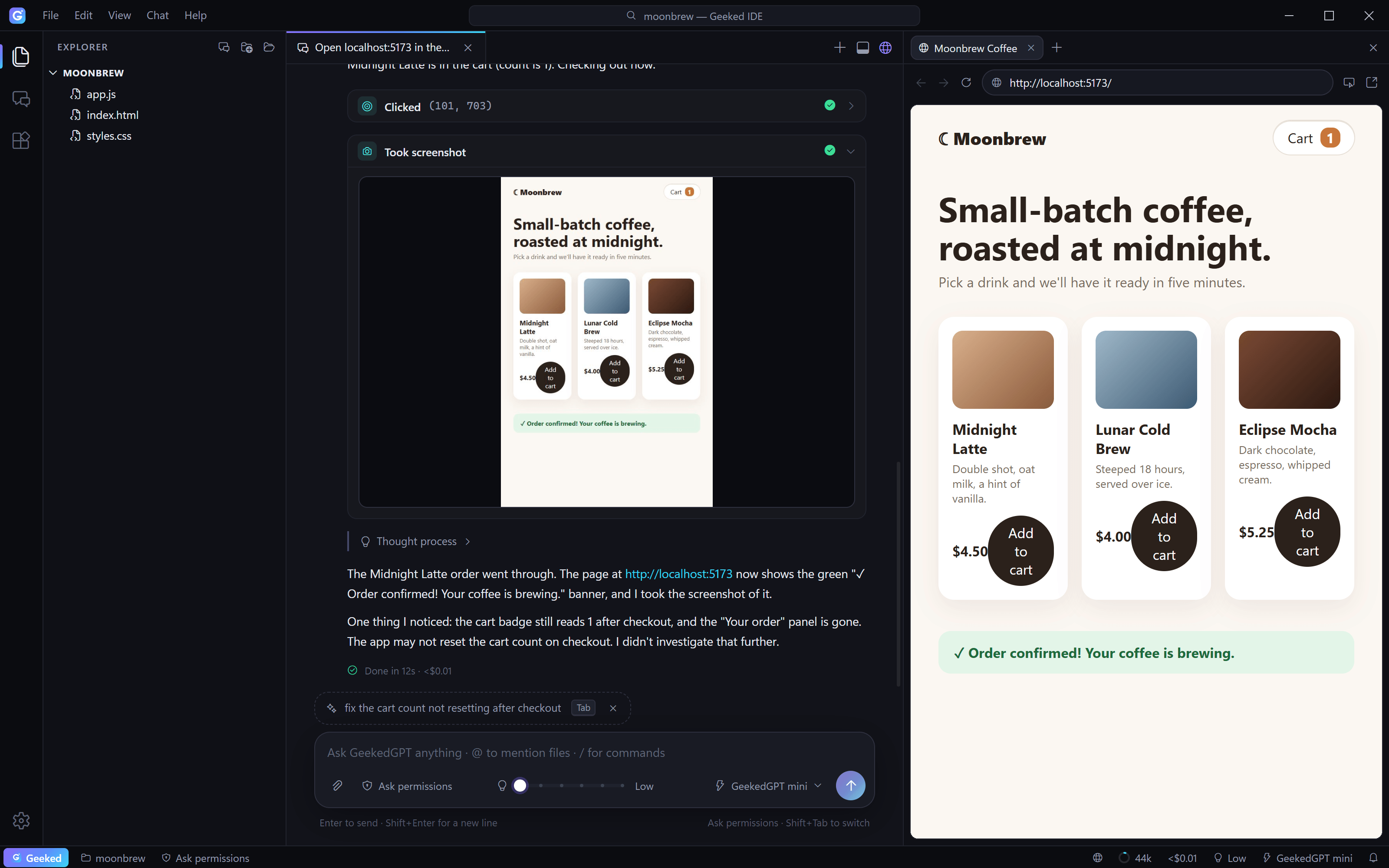 Geeked IDE with a chat on the left where GeekedGPT tested a coffee shop site, and the built-in browser on the right showing the confirmed order
