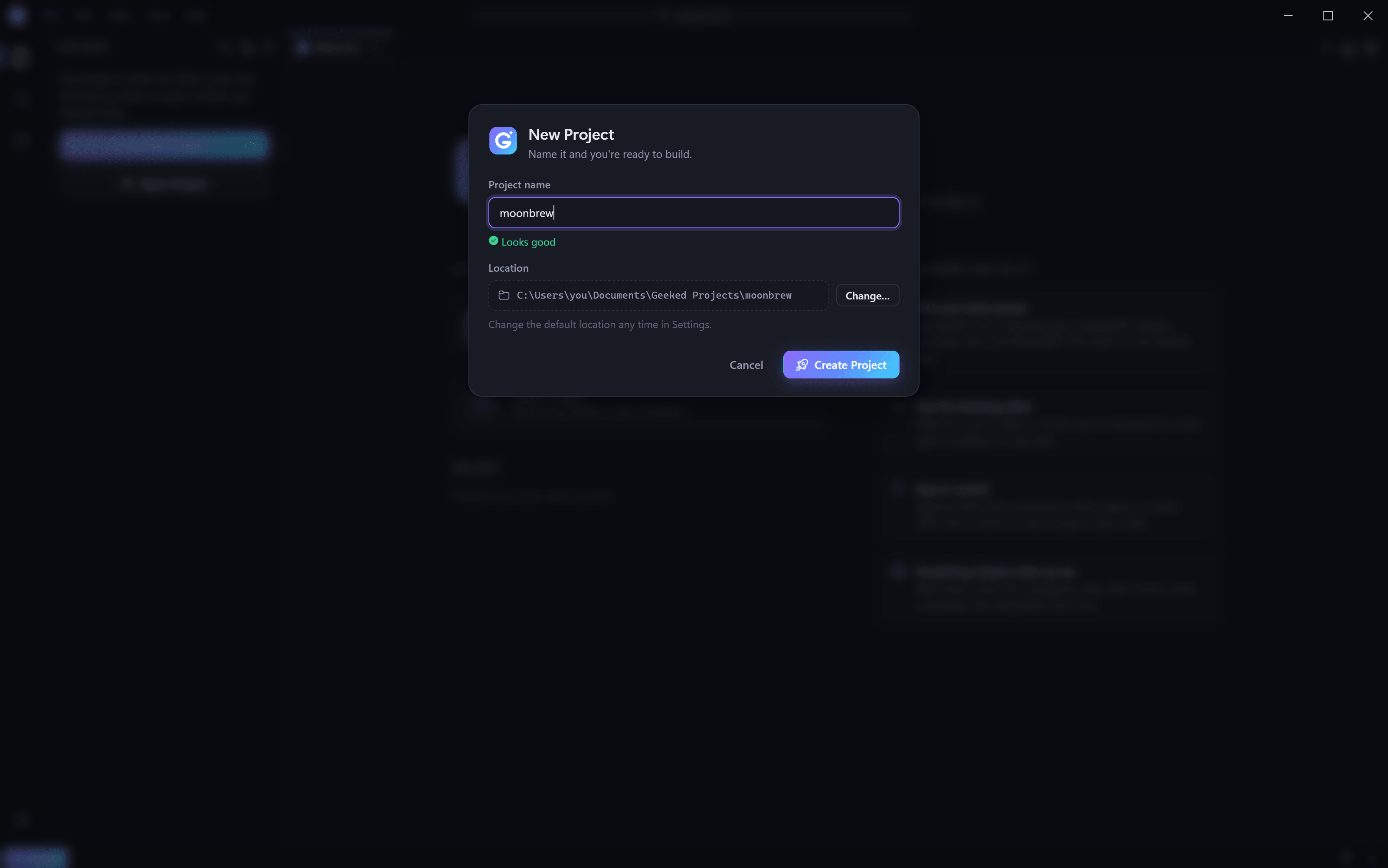 The New Project dialog with a project name and folder